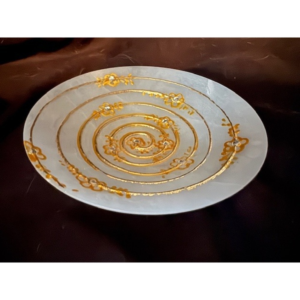 Scali Volterra Alabaster Trinket Dish Gold Spiral Floral Rhinestone Italy 4.5"